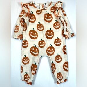 MUDPIE Girls Pumpkin JackOLantern Ruffle Long Sleeve Romper 6-9M Fall Halloween‎